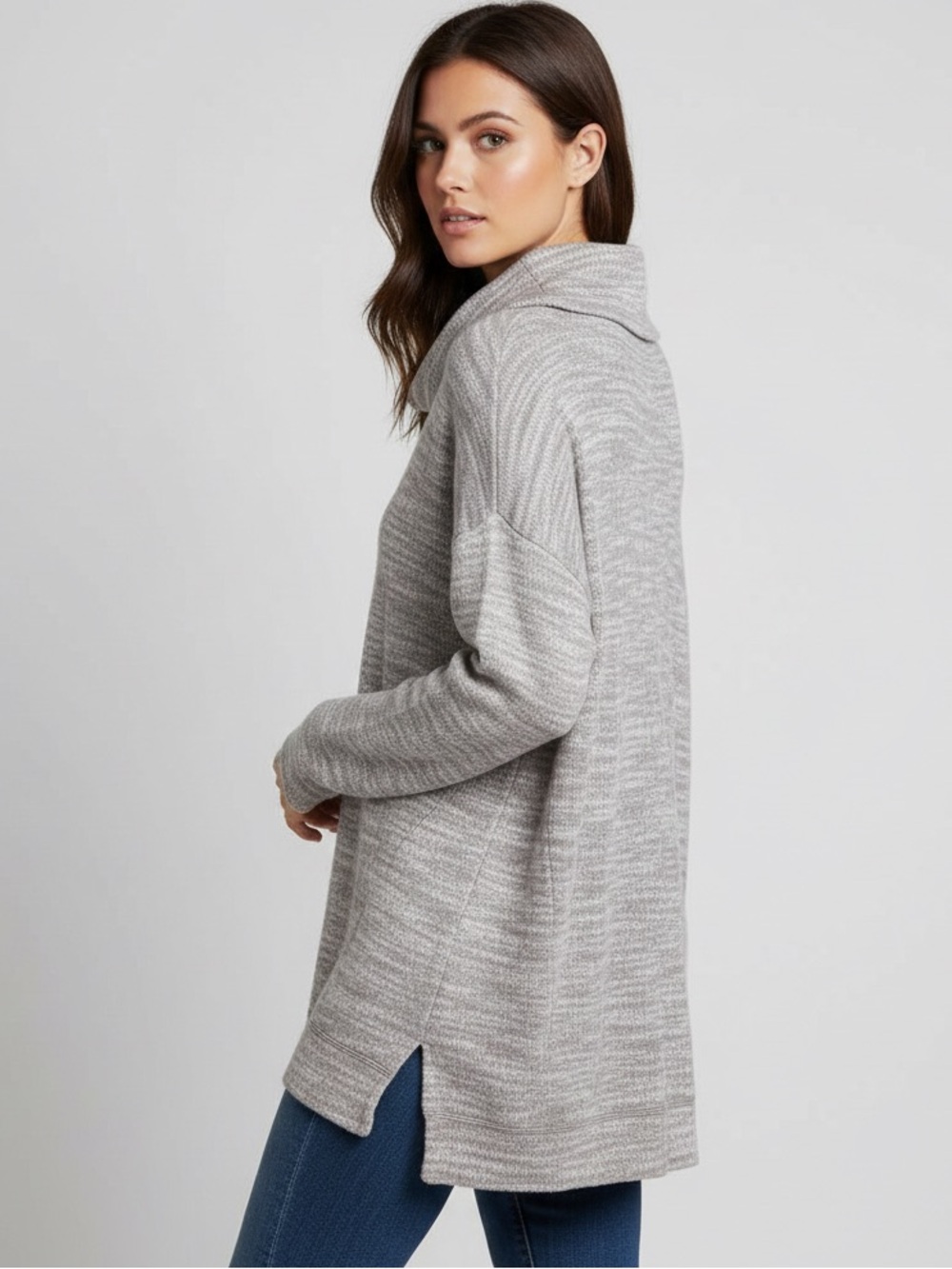 Aerie Gray White Marled Knit Cowl Neck Tunic Sweater Size L